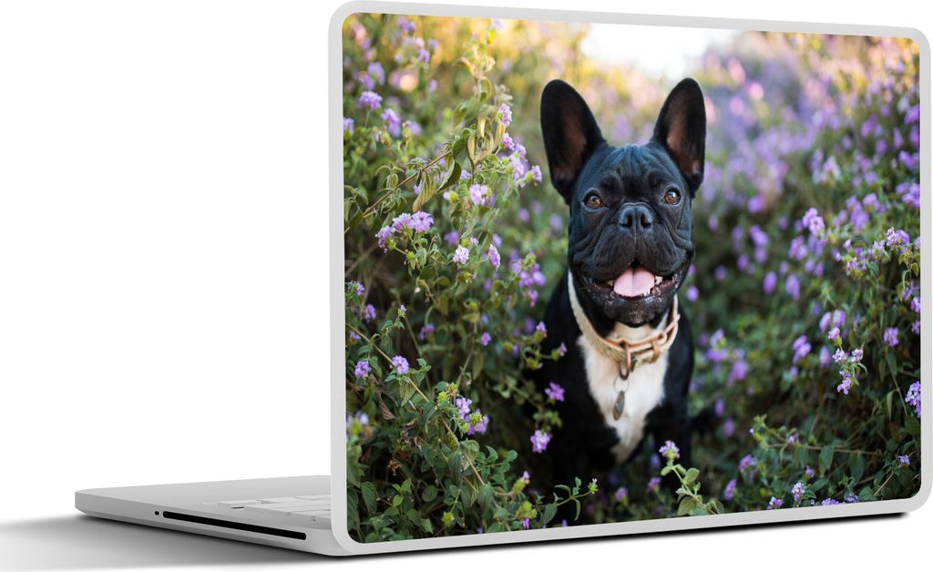 MuchoWow Laptop Aufkleber Sticker Cover Französische Bulldogge - Blumen - Lila 25x18 cm - Laptop-Deko