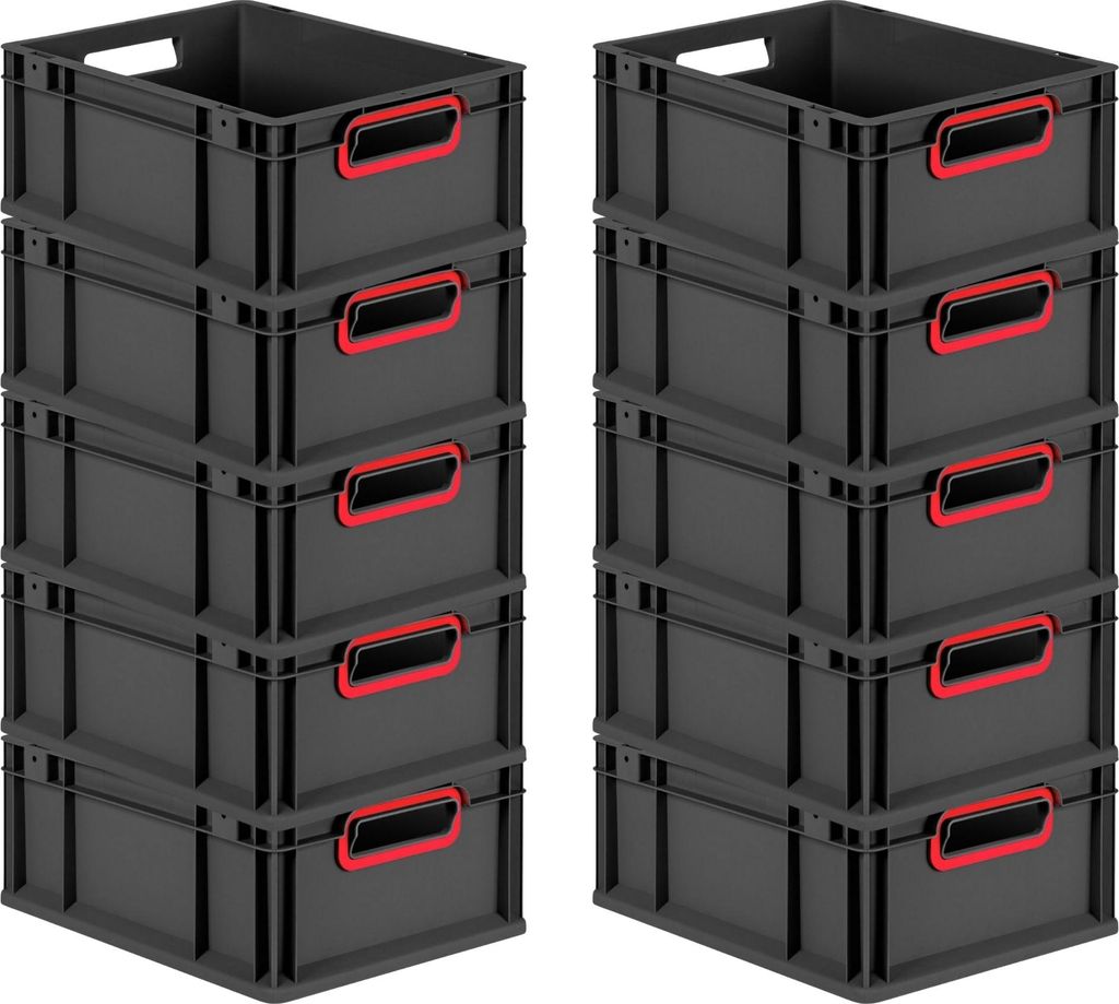 SuperSparSet 10x Eurobox NextGen Color | HxBxT 17x30x40cm | 16 Liter | Griffe rot offen | Schwarz | Eurobehälter, Transportbox, Transportbehälter...