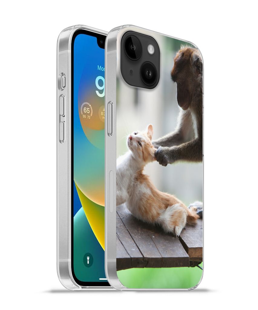 MuchoWow Handyhülle Schutzhülle Hülle für Apple iPhone 14 Plus - Soft case Katze - Affe - Holz Silikon Softcase Handy Hülle - Abbildung