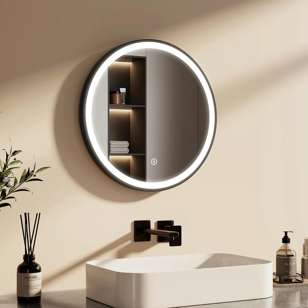 EMKE Specchio LED per bagno rotondo diametro 50 cm Specchio LED per bagno con illuminazione specchio bianco freddo illuminato specchio da parete con interruttore a sfioramento IP44 a risparmio energetico (design nero)