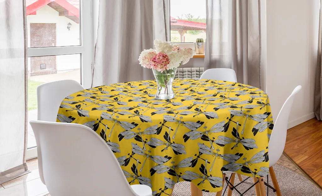 ABAKUHAUS Tovaglia rotonda Libelle, Jumble Insetti Sketch, Tovaglia circolare per sala da pranzo Cucina Decorazione, 150 cm, Terra Giallo Grigio scuro
