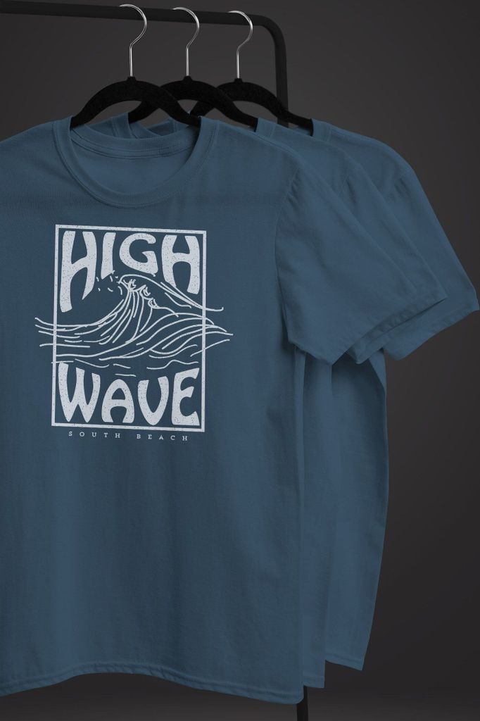 Herren T-Shirt High Wave Welle Schrift Line Art Logo Surfing Aufdruck Fashion Streetstyle Neverless denim blue L