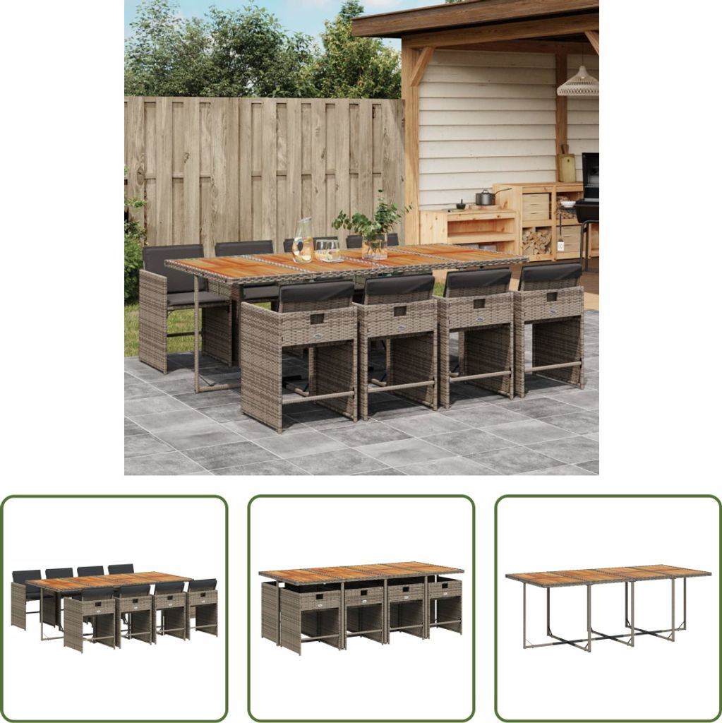 The Living Store 9-tlg. Garten-Essgruppe mit Kissen Grau Poly Rattan