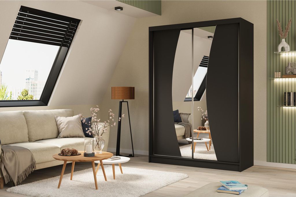 Schiebetürenschrank 150 cm Flow mit dekorativem Spiegel Schwarzer Kleiderschrank mit Schiebetüren und Spiegel Moderner Kleiderschrank mit Regalen...