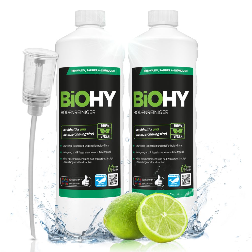 BiOHY Bodenreiniger (2x1l Flasche) + Dosierer | Konzentrat für alle Reinigungsgeräte und alle Hartböden | Angenehmer Geruch und streifenfreie Re...