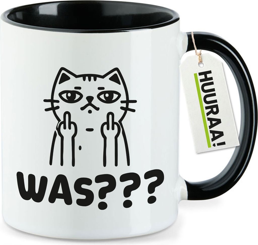 Huuraa Kaffeetasse Was? grimmige Katze 330ml Schwarz Keramik Kaffeebecher Geschenkidee
