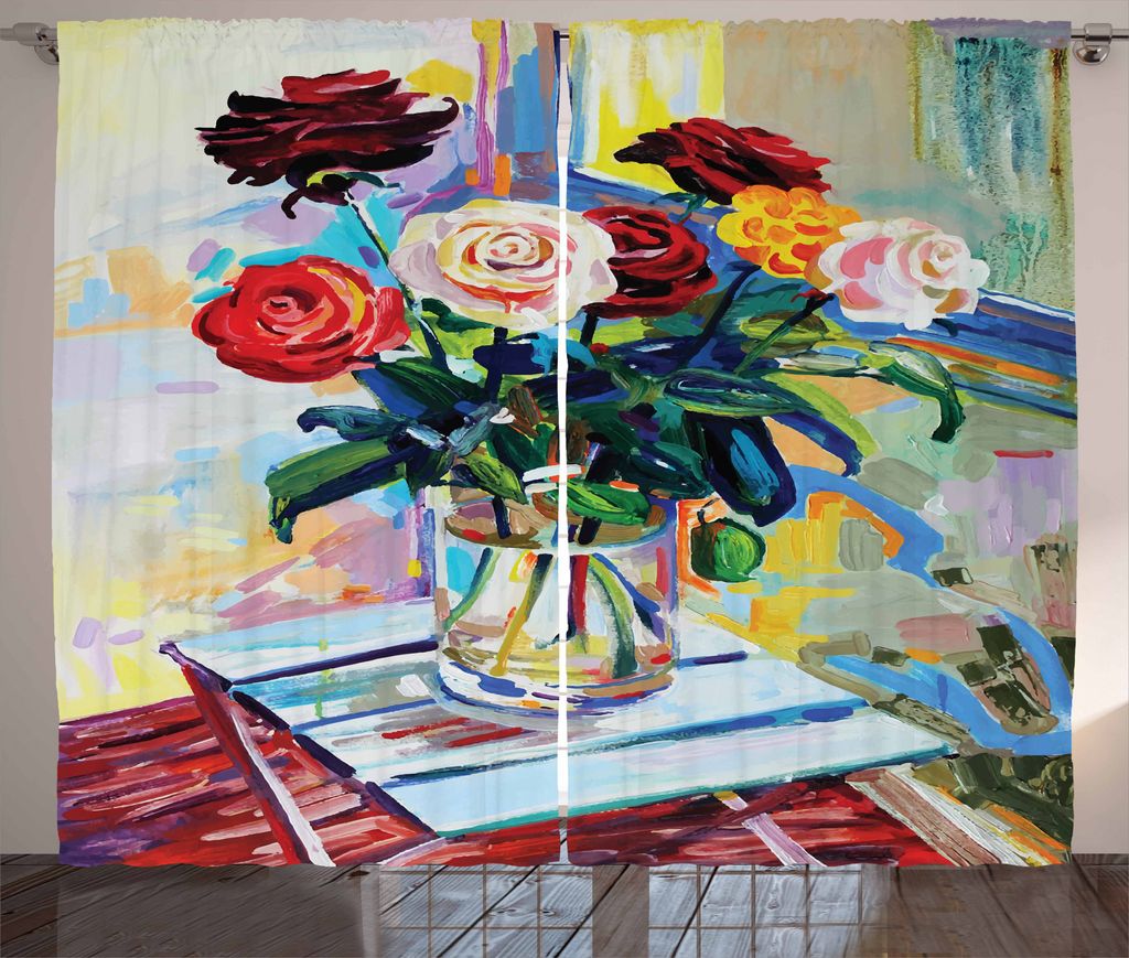 ABAKUHAUS Kunst Rustikaler Gardine, Rose Bouquets in einer Vase, Schlafzimmer Kräuselband Vorhang mit Schlaufen und Haken, 280 x 175 cm, Mehrfarbig