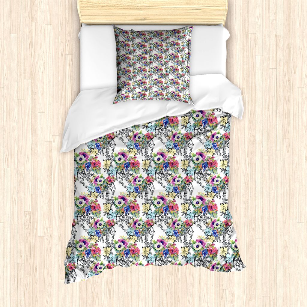 ABAKUHAUS Blumen Bettbezug Set für Einzelbetten, Aquarell Botanik Motiv, Milbensicher Allergiker geeignet mit Kissenbezug, 135 cm x 200 cm - 80 x ...