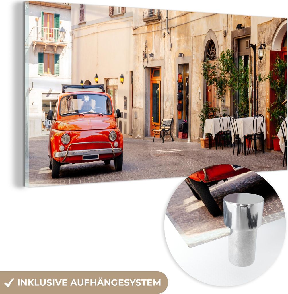 MuchoWow Glasbilder - Bilder auf Wandbild - Foto auf Glas Italien - Straße - Oldtimer - Auto 120x60 cm Wanddekoration aus Glas - Acrylglasbild - A...