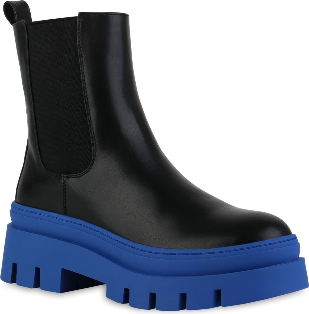 VAN HILL Damen Plateau Boots Stiefeletten Blockabsatz Stiefel Profil-Sohle Schuhe 839451, Farbe: Schwarz Blau, Größe: 38