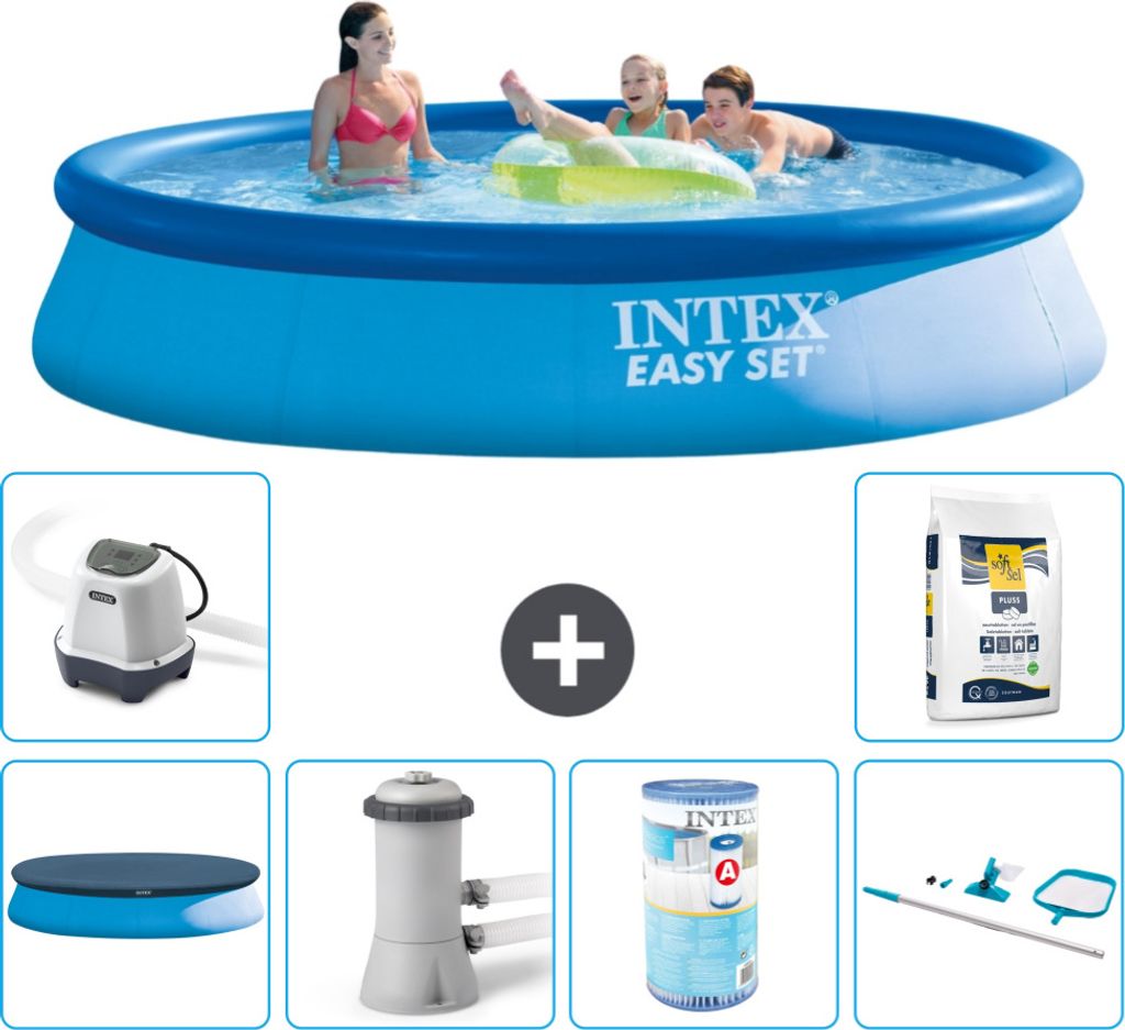 Intex runder aufblasbarer Easy Set-Pool – 396 x 84 cm – Blau – im Lieferumfang enthalten Abdeckung - Filterpumpe für Schwimmbad - Filter - R...