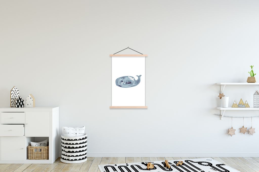 MuchoWow Textilposter Wal - Pastell - Grau 60x90 cm mit holzfarbenen Rahmen - Textil