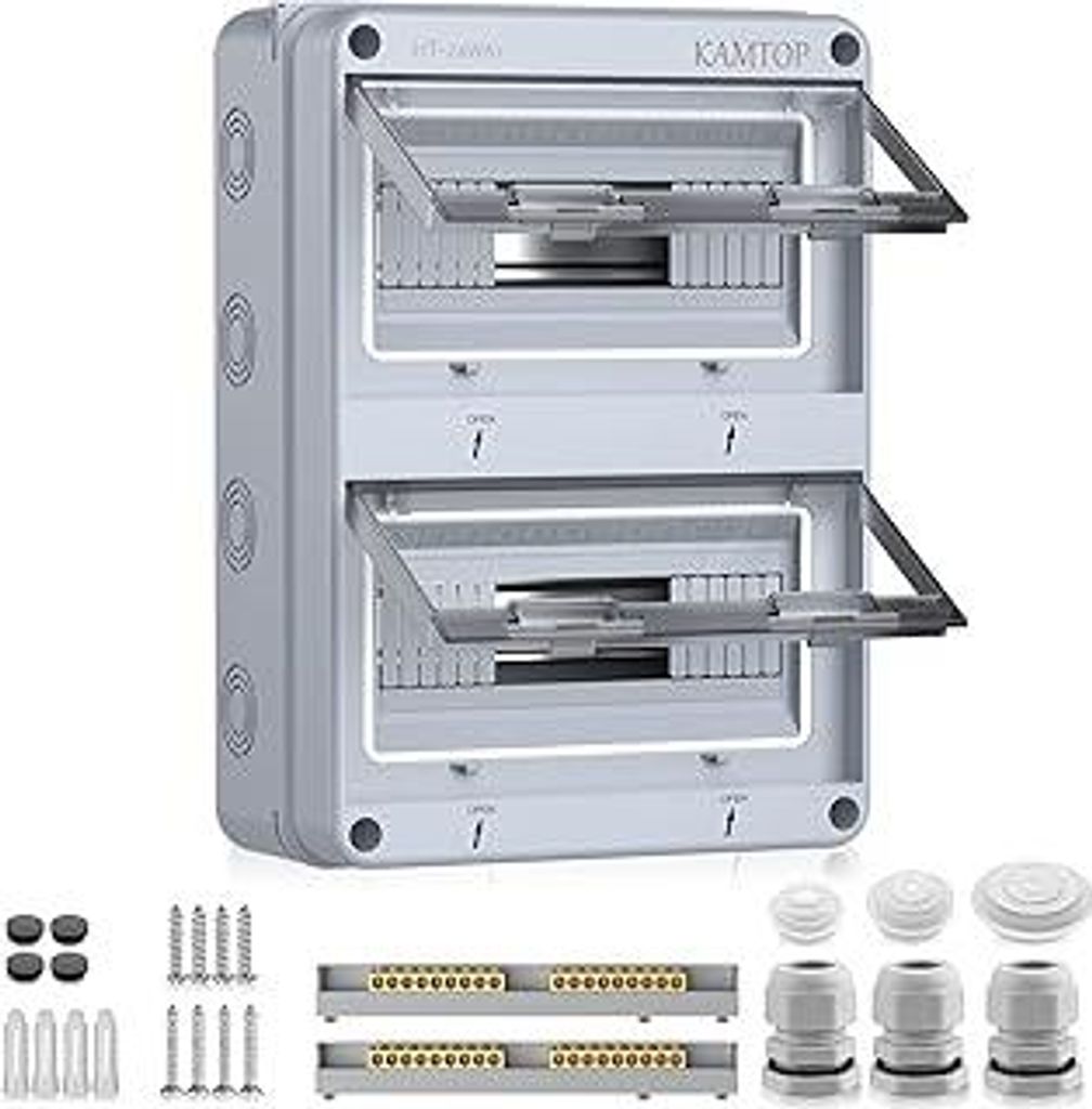 Kamtop Verteilerkasten Aufputz,IP65 Sicherungskasten Aufputz, 2 Reihig 24 Modules kleiner Verteilerkasten Mit 5 Terminals 7 Steckverbinder für Au...
