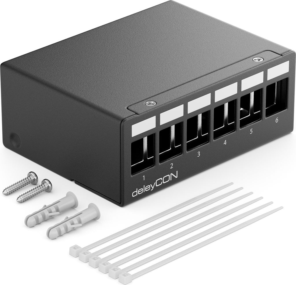 deleyCON 6 Port Patchpanel Gehäuse 1HE für 14,9mm x 17mm Keystone Module mit z.B. RJ45 Koaxialstecker BNC F-Stecker Antennenstecker RJ-11 Cinch K...