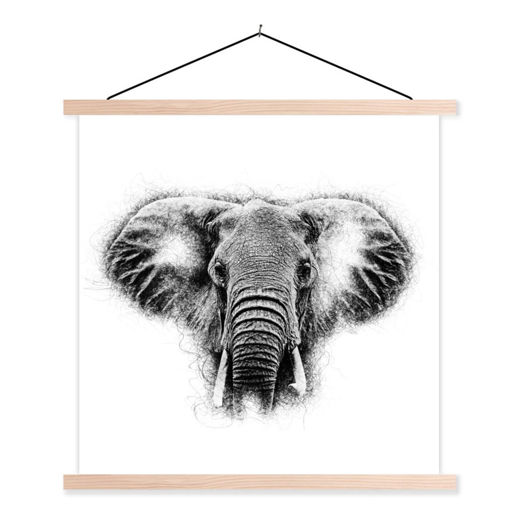 MuchoWow Textilposter Elefant - Tiere - Schwarz - Weiß 120x120 cm mit holzfarbenen Rahmen - Textil-Poster