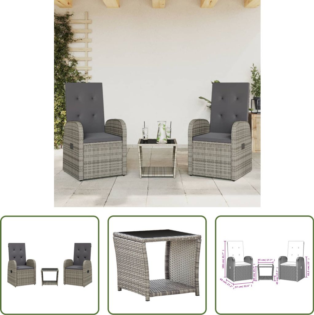 The Living Store 3-tlg. Garten-Essgruppe mit Kissen Grau Poly Rattan