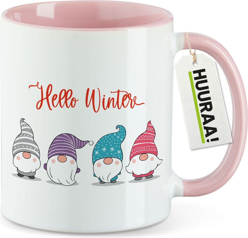Huuraa Kaffeetasse Hello Winter Wichtel Weihnachtself 330ml Rosa Keramik Kaffeebecher Geschenkidee