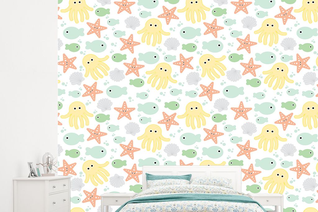 MuchoWow Fototapete für Wohnzimmer oder Schlafzimmer Wandtapete Vinyl Motivtapete Meerestiere - Baby - Muscheln - 265x240 cm - Zimmer für Kinder