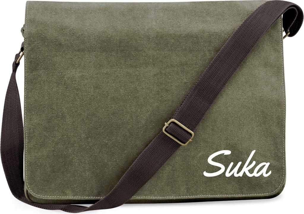 Huuraa Umhängetasche Suka russisch Schriftzug 14 Liter Military Green Canvas Laptoptasche Geschenkidee
