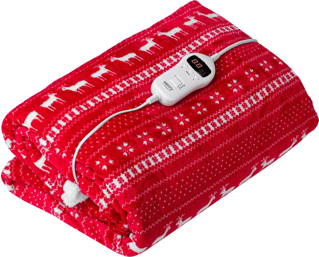A folded red electric blanket with a white reindeer and snowflake pattern, featuring a white controller with a digital display.