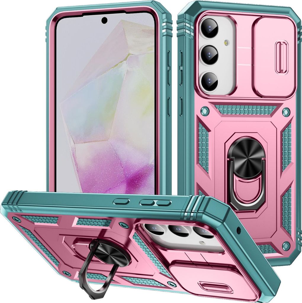 Hülle für Samsung Galaxy A35, Schiebe Kamera Schutz Stoßfest Schutzhülle mit Ringhalterung Ständer Pink