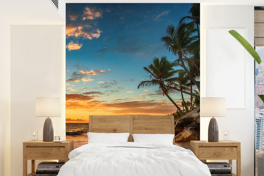MuchoWow Fototapete für Wohnzimmer oder Schlafzimmer Wandtapete Vinyl Motivtapete Strand - Sonnenuntergang - Meer - Palme - 205x280 cm - Wandbild