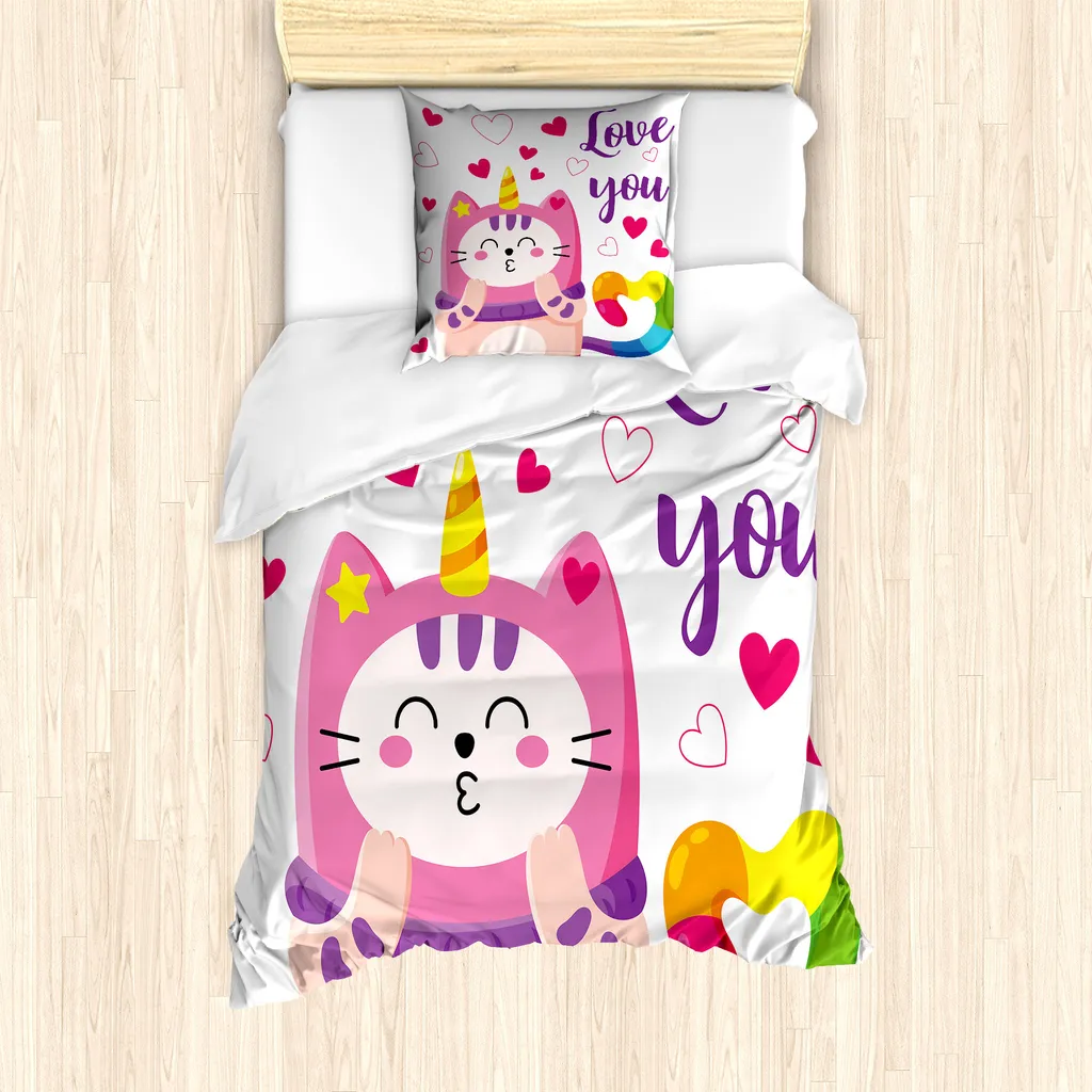 ABAKUHAUS Set copripiumino per letto singolo, unicorno colorato e gattino, antiacaro, adatto a chi soffre di allergie, con federa, 135 cm x 200 cm - 80 x 80 cm, multicolore