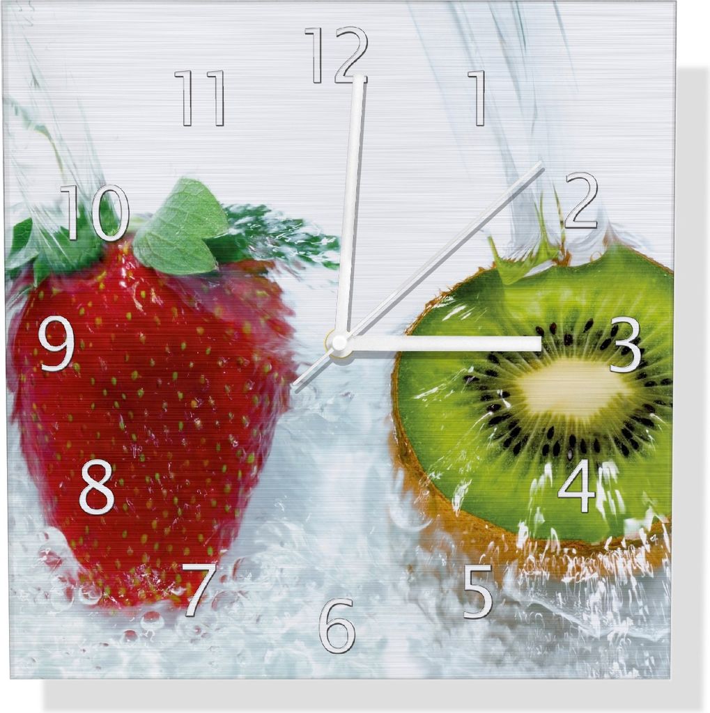Wallario Design Wanduhr Frische Früchte übergossen mit Wasser II aus Aluverbund, Größe 30 x 30 cm