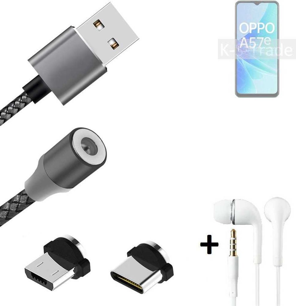 K-S-Trade Hochwertiges Magnet-Lade-kabel Sync-Kabel Daten-Kabel + Kopfhörer kompatibel mit Oppo A57e mit USB-Typ-C-Anschluss und