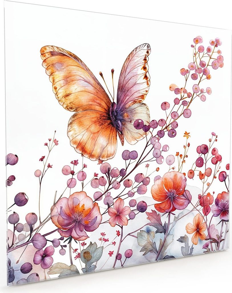 Küchenrückwand Spritzschutz Glas mit Motiv Blumen und Schmetterlinge 40 x 40 cm