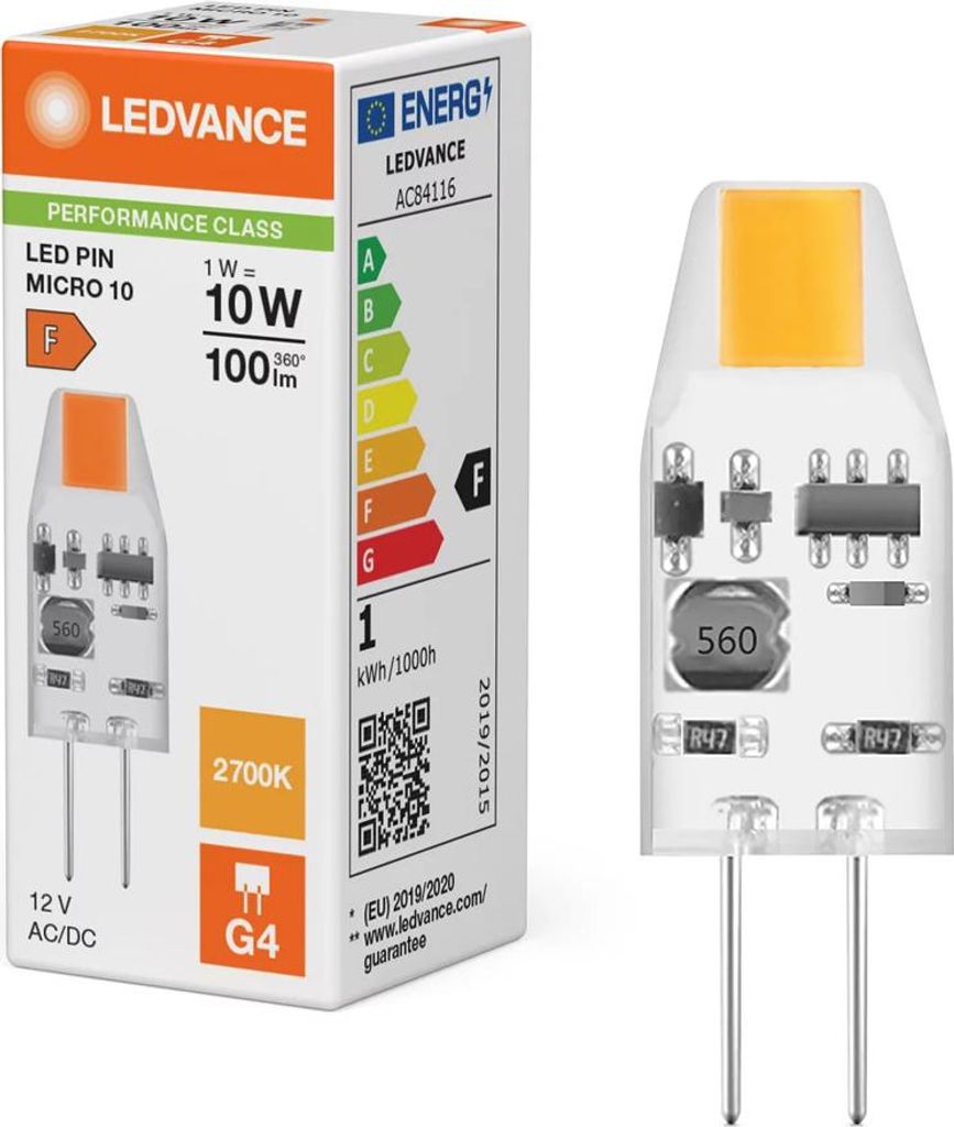 Ledvance LED Stiftsockellampe PIN Micro 1W = 10W G4 klar 100lm warmweiß 2700K