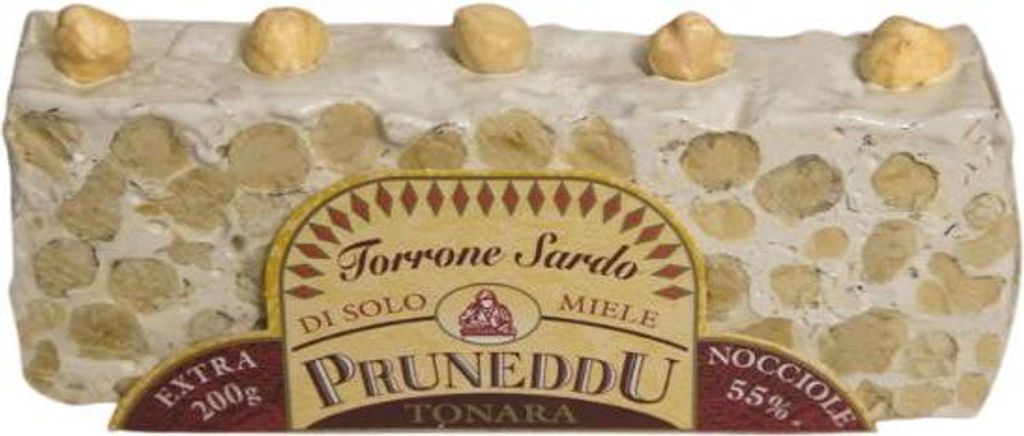 Torrone mit Haselnüssen und Honig, hart, vom Stück geschnitten, 200g, weißer Nougat, Pruneddu Torronificio Artigianale