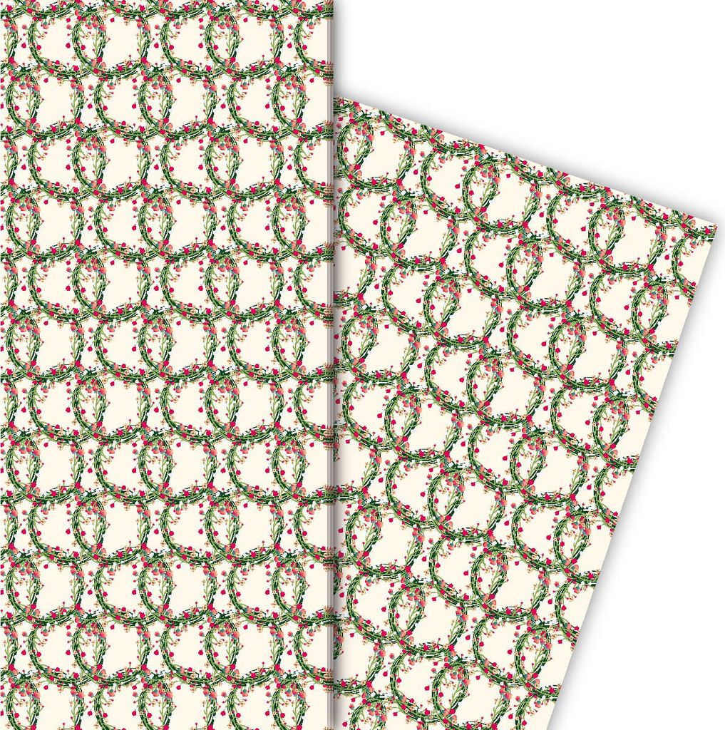Edles Hochzeits Geschenkpapier mit Blüten Ringen auf creme - G6248, 32 x 48cm