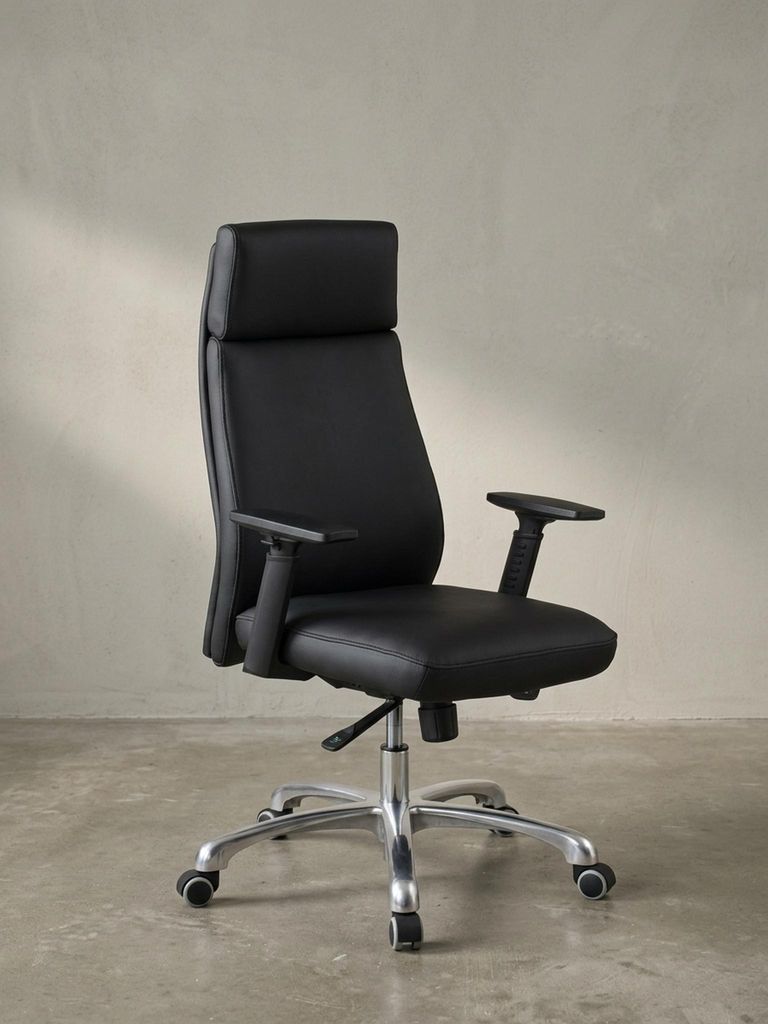 Frontalansicht des ergonomischen Bürostuhls aus schwarzem Echtleder mit breiter Kopfstütze und funktionalen Armlehnen._#sku_BARSPM1.800#