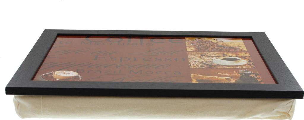 A lap tray with a coffee-themed design, shown from a side angle against a white background.