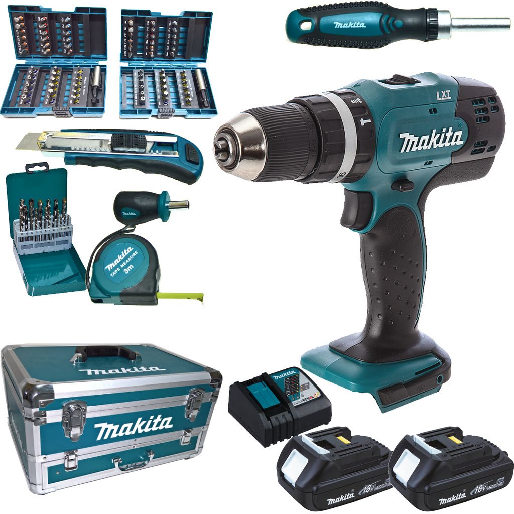MAKITA Akku-Schlagbohrschrauber DHP453RYX2 + 2x Akkus 1,5 Ah + Alu-Koffer + 96 tlg. Zubehör-Set