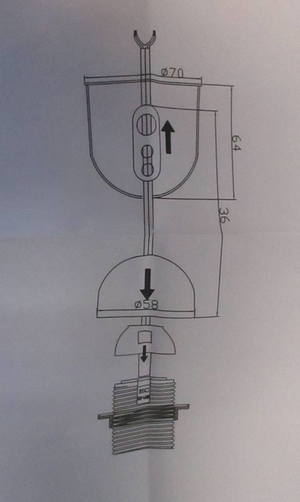 A technical drawing or diagram of a light fixture with dimensions and directional arrows.