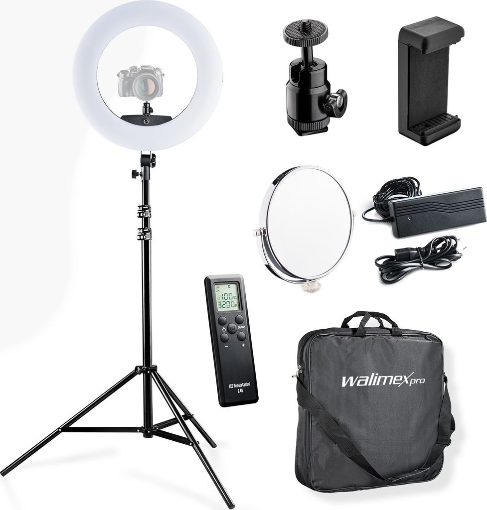 Walimex pro Medow 960 Pro LED-Ringlicht inkl. Stativ, Ringleuchte Bi-Color 3200-5500 K, dimmbare Videoleuchte mit Fernbedienung 96 W, Lampenstativ ...