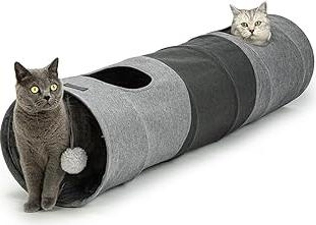 lionto Katzentunnel mit Spielball, 30x130 cm, Faltbarer erweiterbarer Spieltunnel aus pflegeleichtem Faux-Linen-Material für Katzen, Robustes Katz...