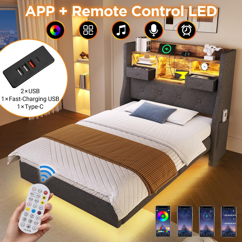 okwish 90x200 Polsterbett mit LED-Beleuchtung und Produktbild 