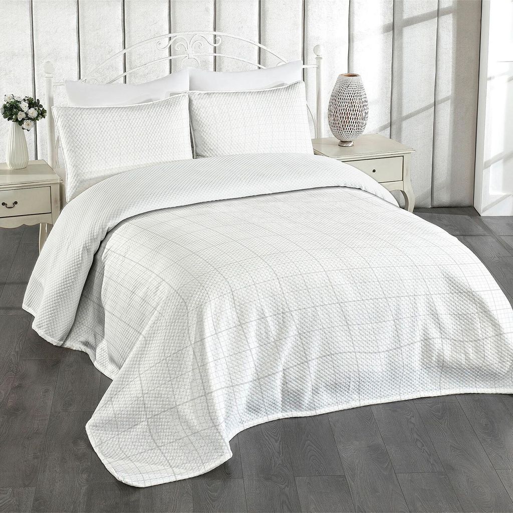 ABAKUHAUS Abstrakt Tagesdecke Set, Basic Design von Crossing Serien Karrees Monochrome Graustufen Muster, 220 x 220 cm, Pale Grau Weiß