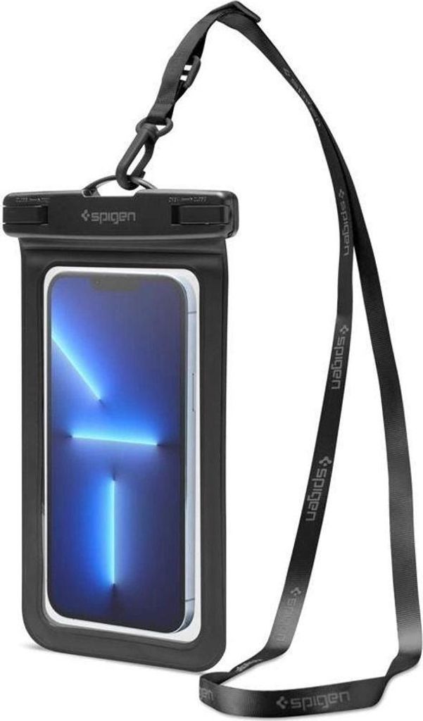 A black waterproof phone pouch with a phone inside, attached to a lanyard.