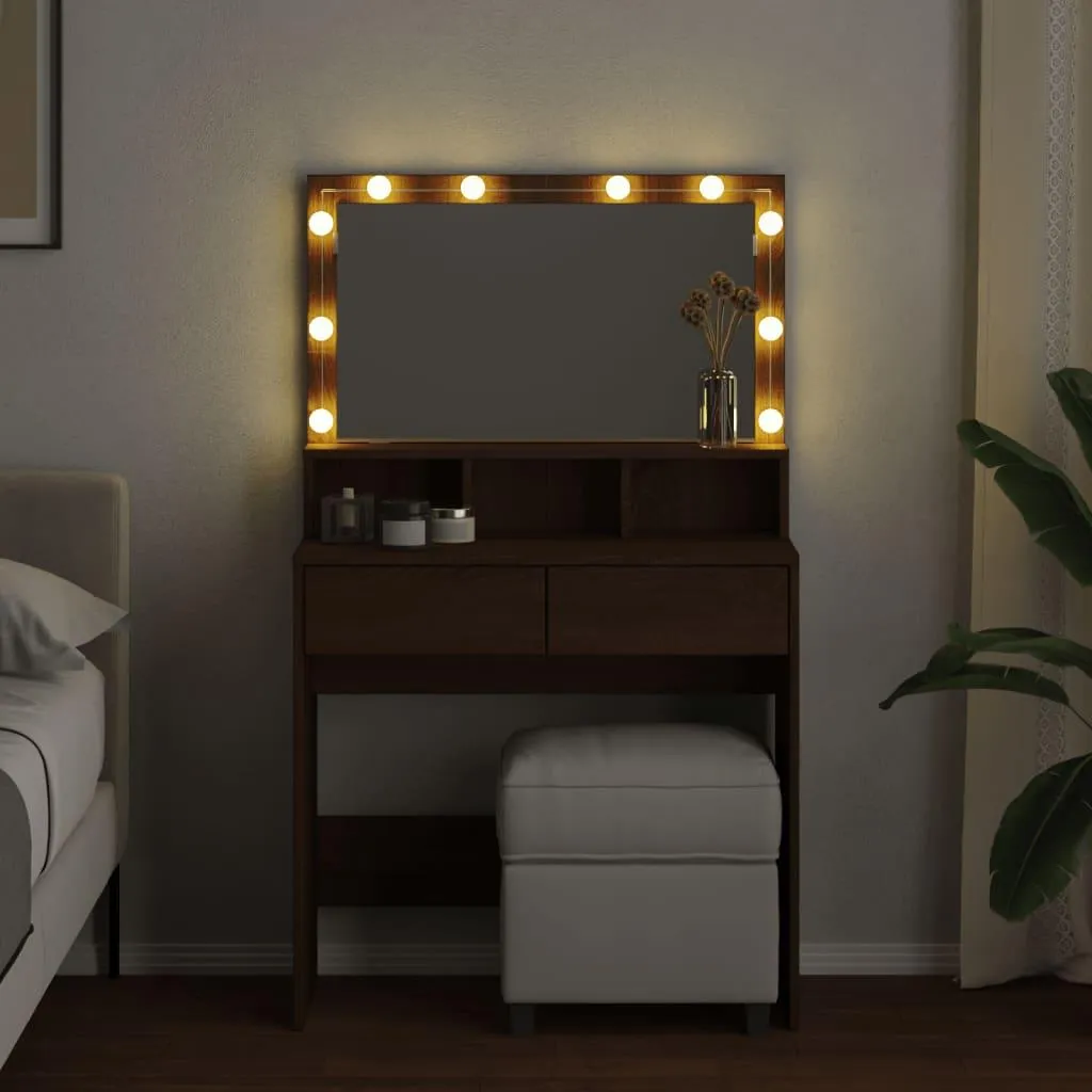 Coiffeuse de Chambre avec LED 80x41 cm - Coin Maquillage Brun Chêne