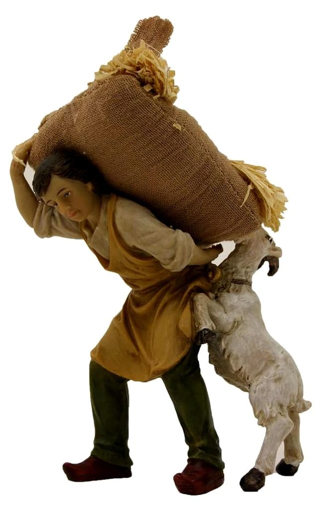 Krippenfigur Knecht mit Strohsack und Ziege