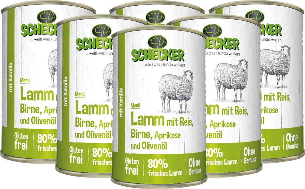 6 x 410 g - Schecker Hundemenü Nassfutter - Lamm mit Reis, Birne, Aprikose und Olivenöl