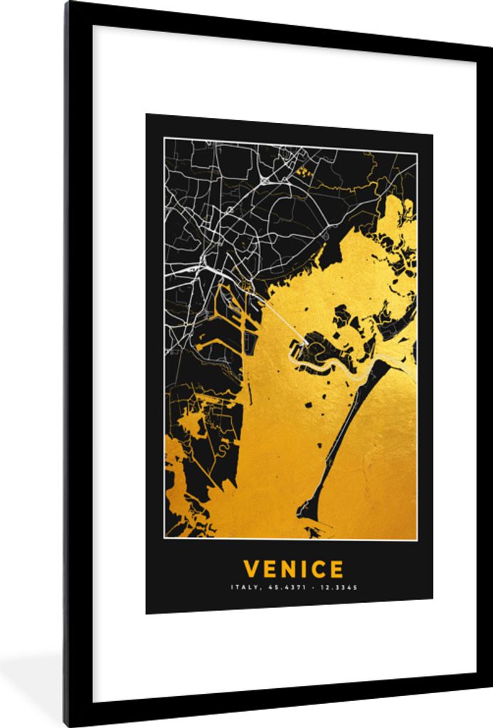 MuchoWow Gerahmtes Poster Karte - Venedig - Gold - Karte der Stadt 60x90 cm - Poster mit Schwarzem Bilderrahmen Wandposter Rahmen Foto Bilder - D...