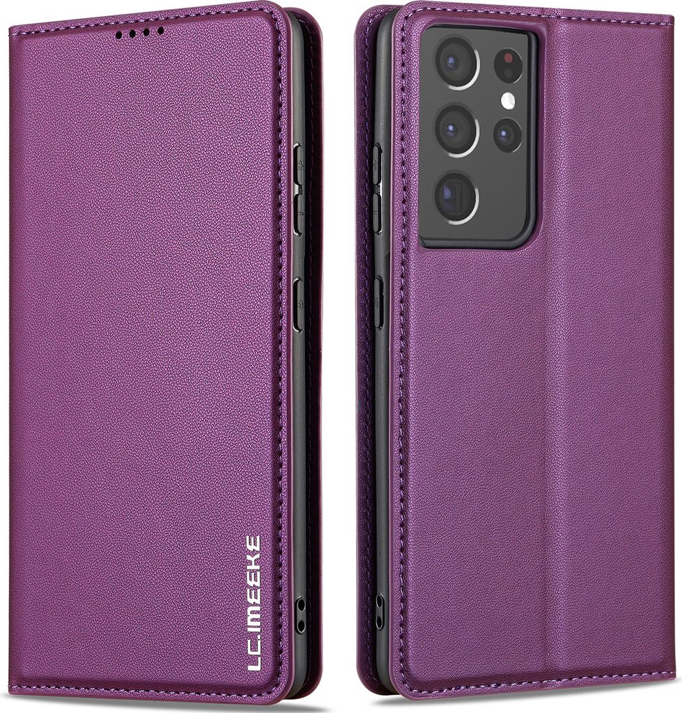 Handyhülle für Samsung Galaxy S21 Ultra 5G, Magnetische Flip Leder Hülle mit Kartenfach und Standfunktion Lila