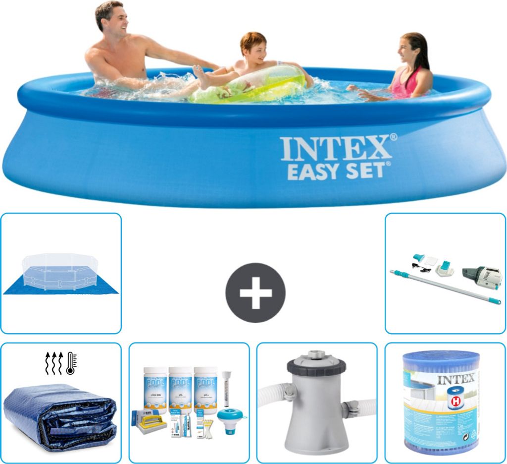 Intex runder aufblasbarer Easy Set-Pool – 305 x 61 cm – Blau – im Lieferumfang enthalten Sonnensegel - Wartungspaket - Filterpumpe für Schwi...