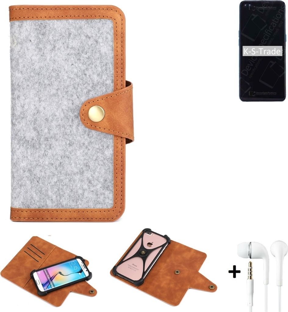 K-S-Trade Handyhülle + Kopfhörer kompatibel mit Oppo Reno4 Schutzhülle Filz Hülle Kunstleder hellgrau braun (1x)