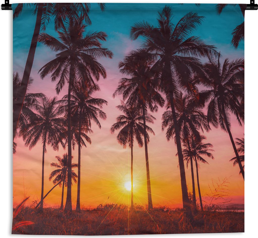 MuchoWow Wandteppich Wandbehang Palme - Sonnenuntergang - Horizont - Strand - Orange - Rosa 60x60 cm Tapisserie Dekoration Wandtuch - Dekoratione...